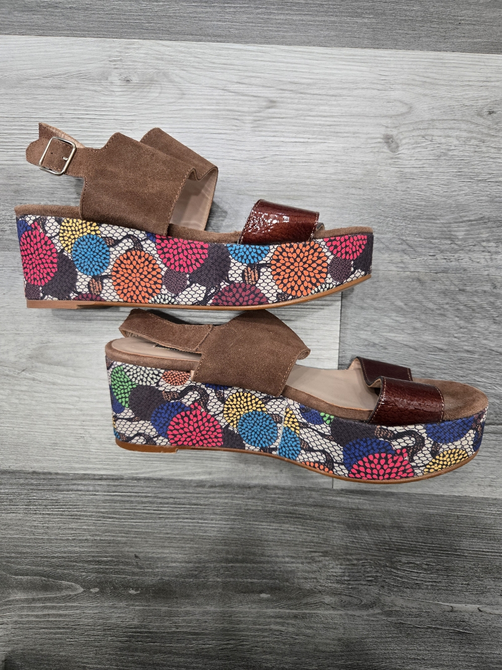 Brown Suede Platform Sandals with Colorful Printed Wedge - Picture 2 of 7